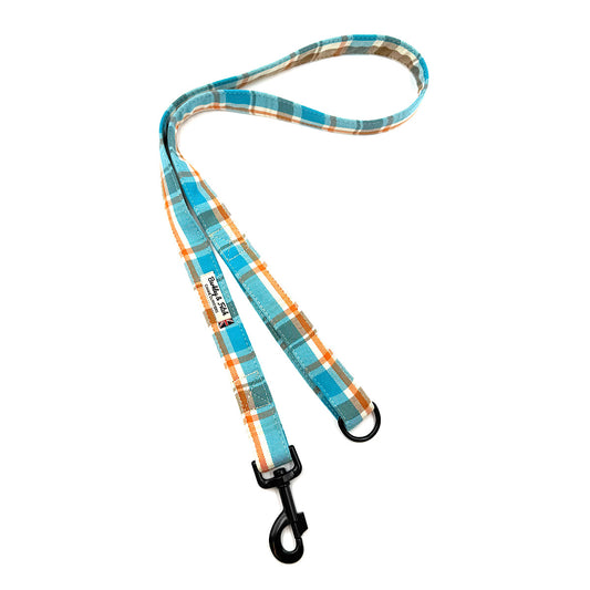 Plaid dog leash with a black clip on a white background handmade in Uk by Barkley and Fetch