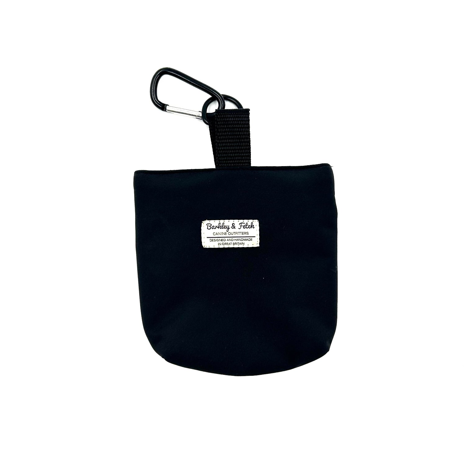 black pouch designed for carrying full poo bags for dogs on a white background handmade by barkley and fetch uk