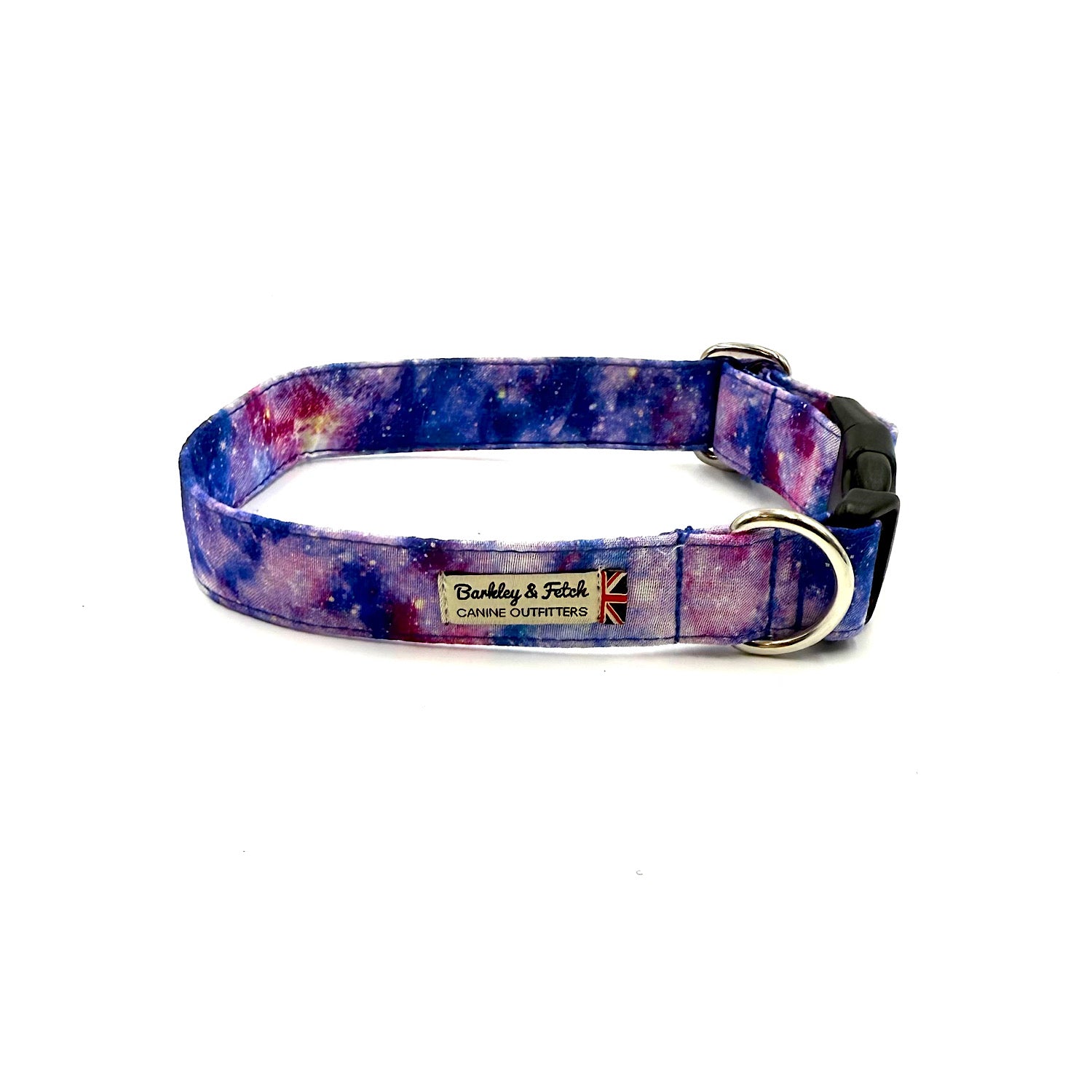 Dog collar with a colorful galaxy pattern on a white background