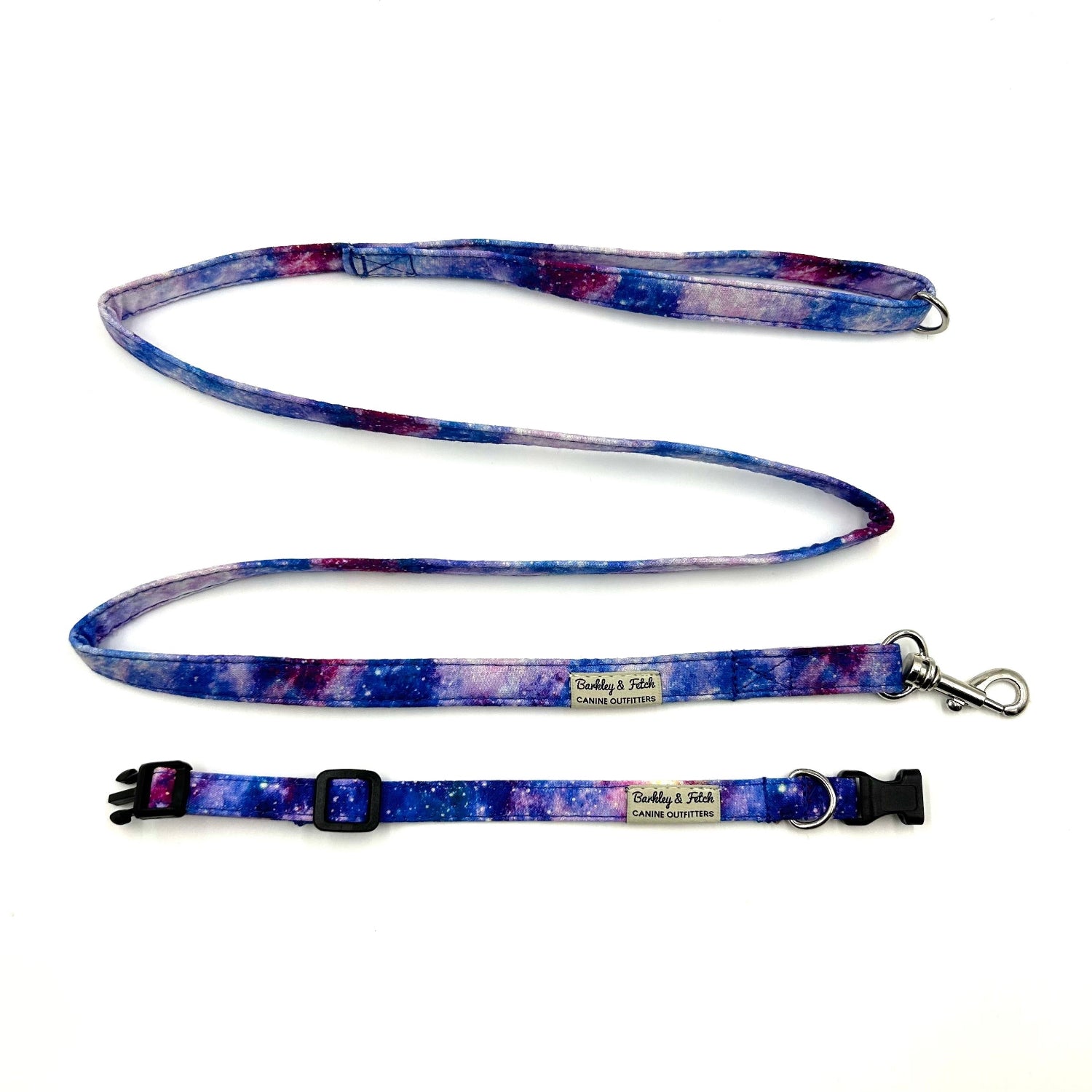 Dog collar and leash set with galaxy pattern on a white background