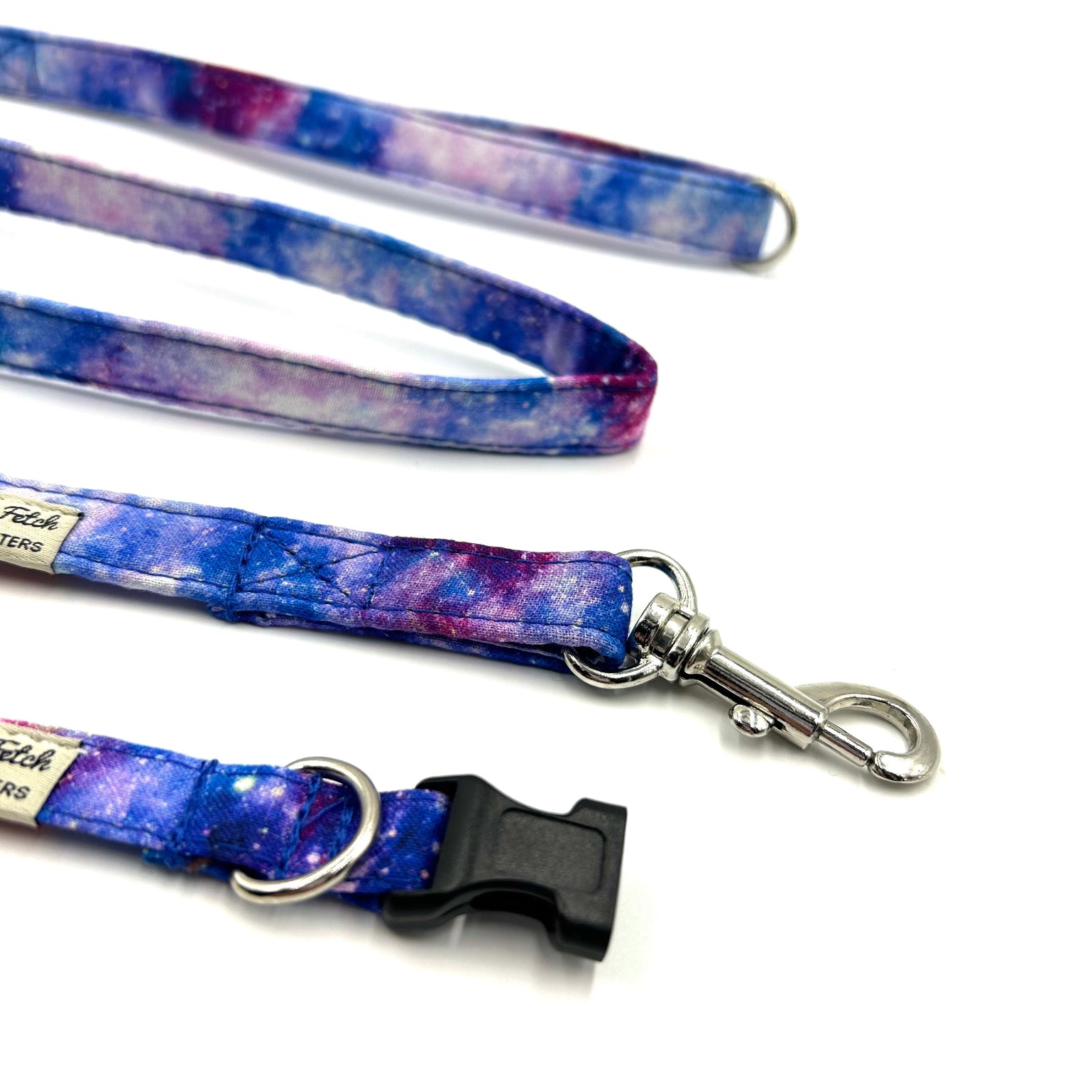 Dog leash with purple and blue tie-dye pattern on a white background