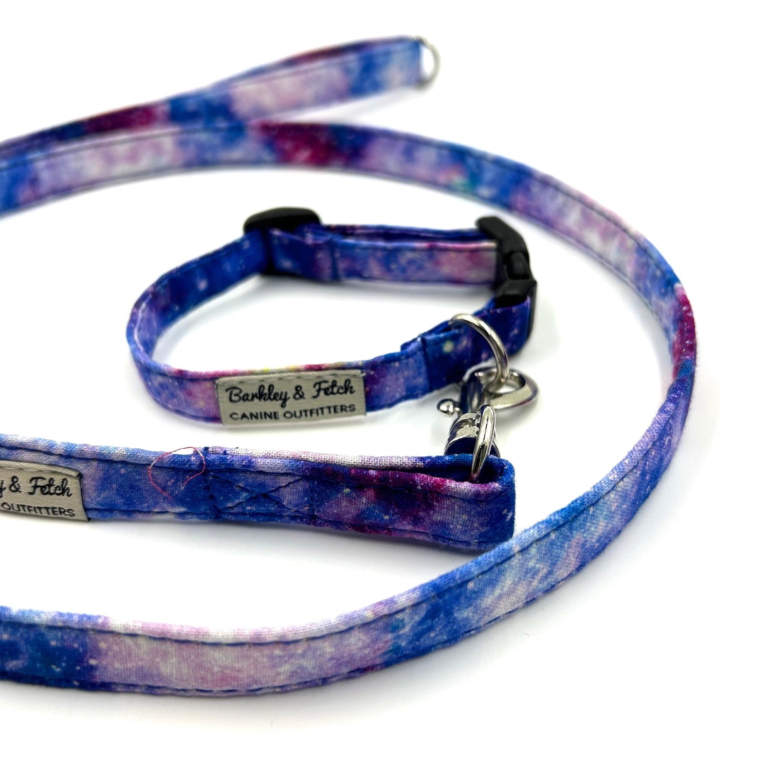 Dog leash and collar set with a tie-dye pattern on a white background