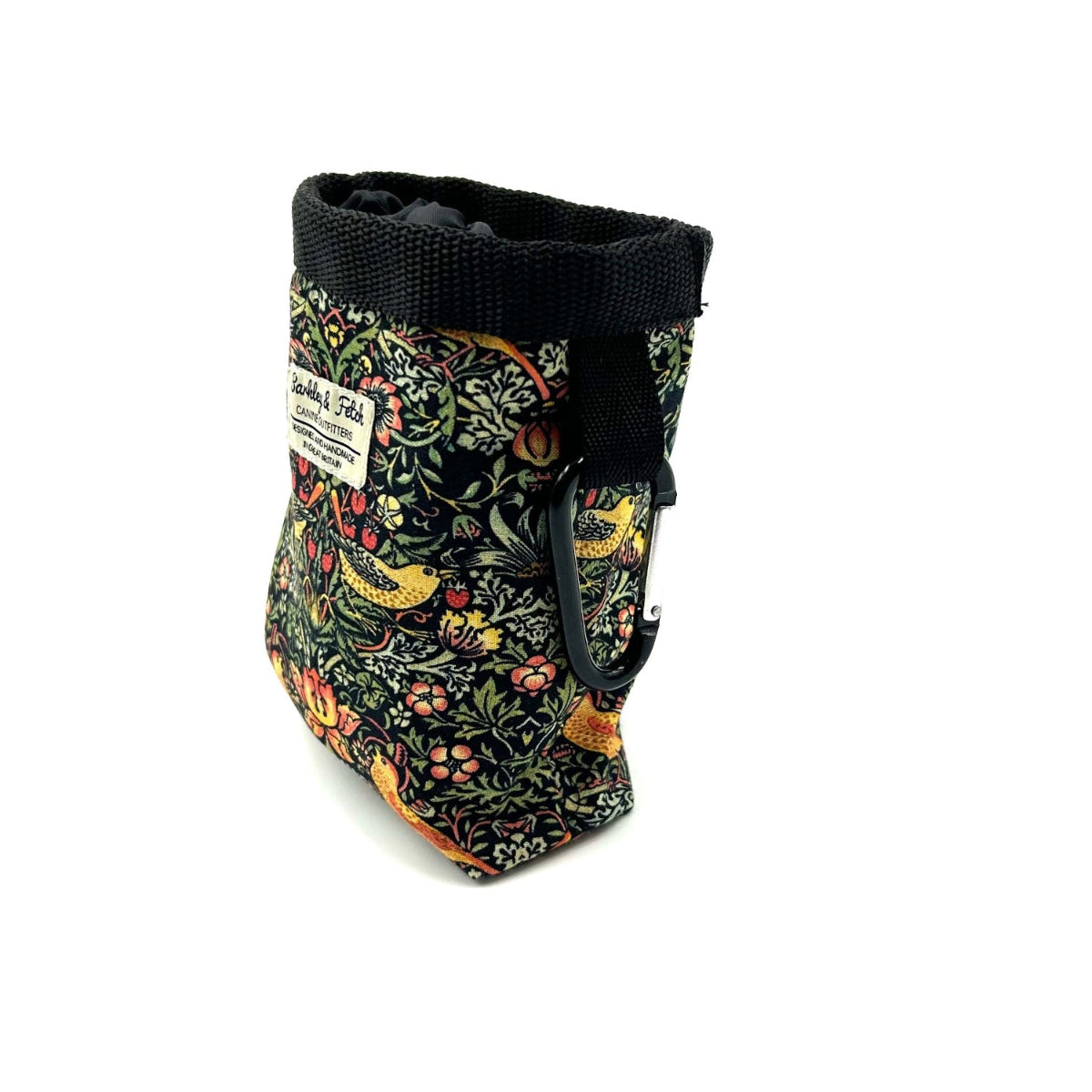 Floral-patterned treat bag with black strap on a white background handmade by Barkley and Fetch UK