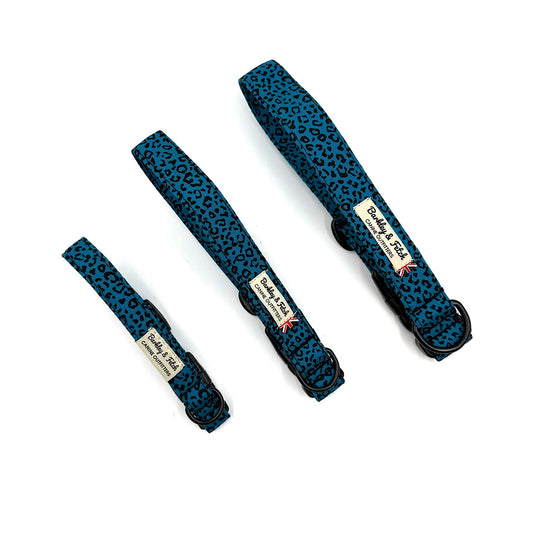 Three blue leopard print dog collars with visible brand labels on a white background