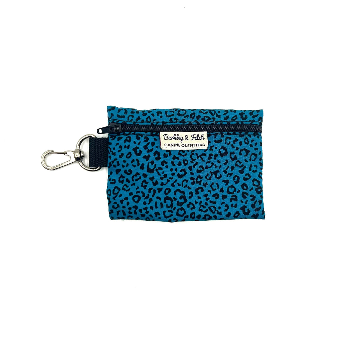 A teal leopard print poo bag holder with a clip and secure zip fastening, against a white background.
