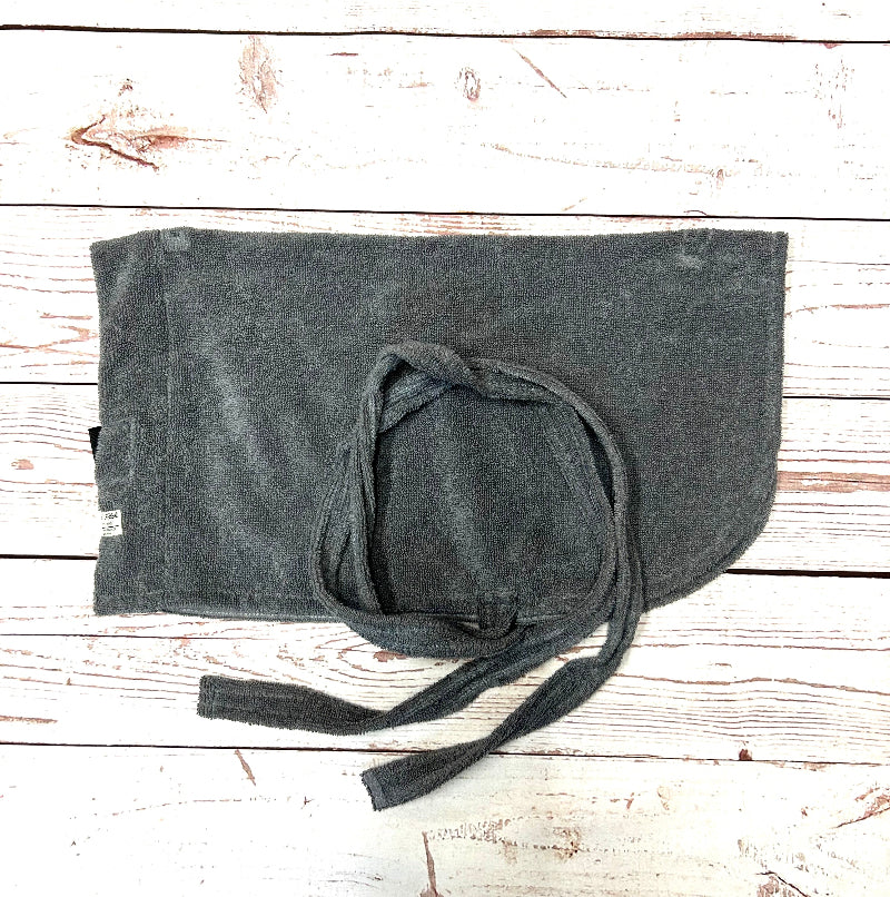 Dark gray dog towel with drawstrings on a wooden surface handmade in uk by Barkley and Fetch