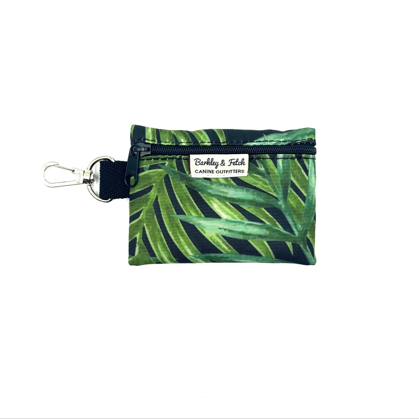 A tropical print fabric poo bag holder with a secure zip fastening and a clip at one end. It features the brand name 'Barkley & Fetch' on the front.