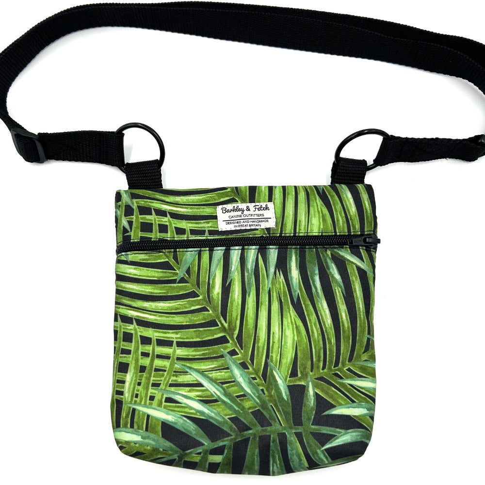Green leaf-patterned bag with a black strap on a white background handmade by barkley and fetch uk