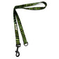 Green patterned dog leash with a black clip on a white background