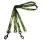 Green leaf-patterned dog leash with black clip on a white background