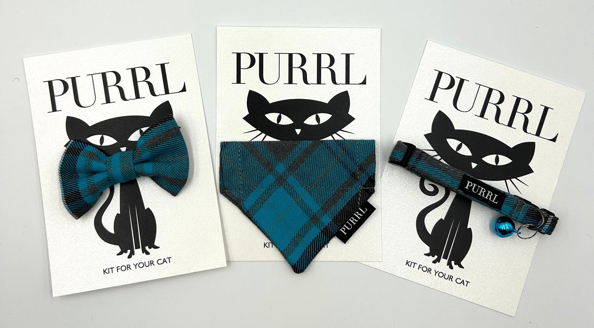 Cat accessories by PURRL on a white background, handmade by Barkley and Fetch