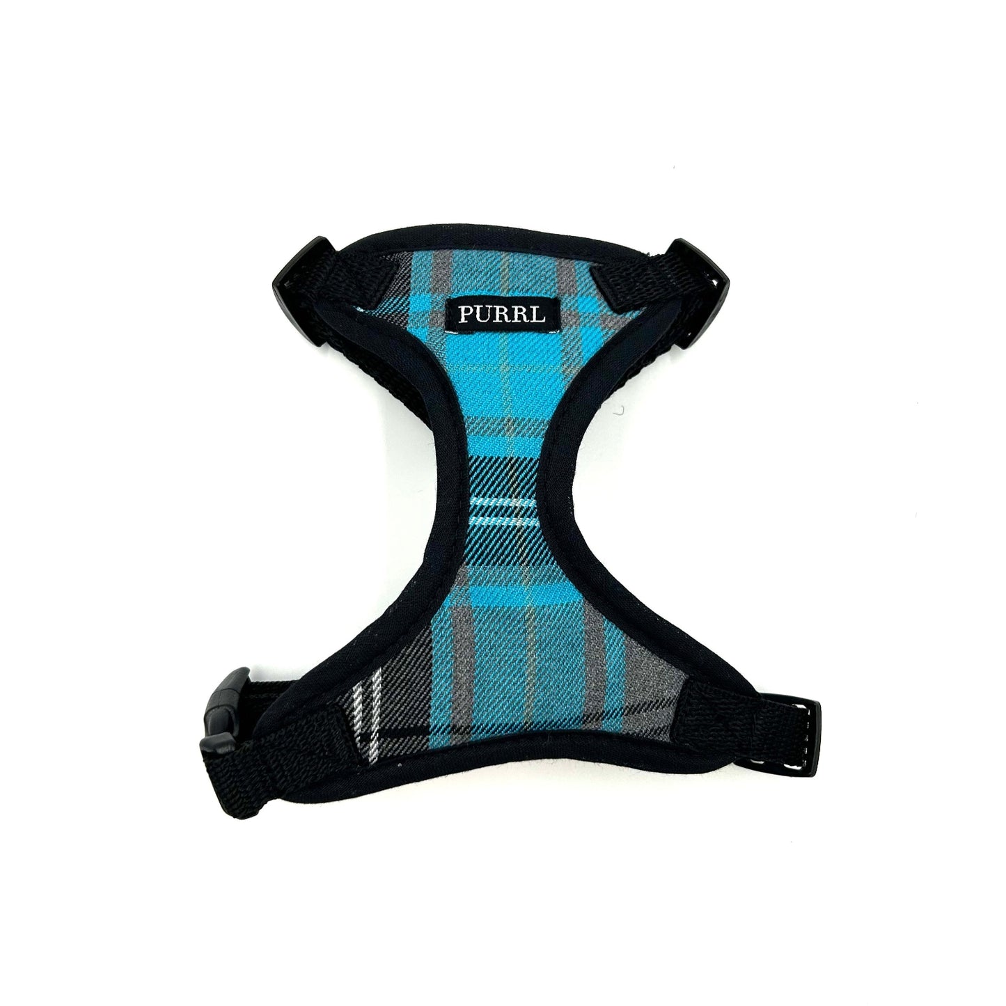 Cat harness with blue plaid pattern on a white background handmade by Barkley And Fetch