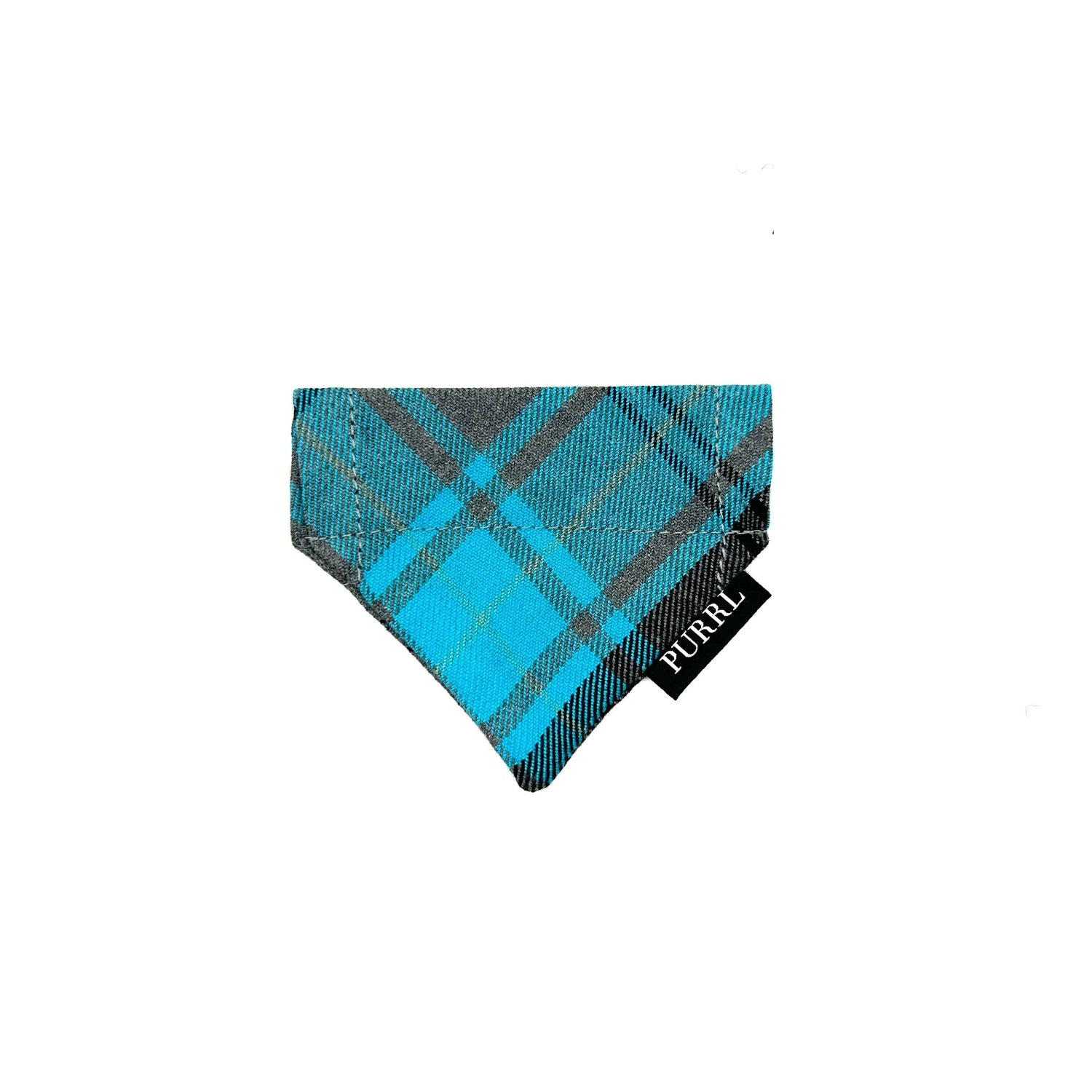 Blue plaid bandana with a brand label on a white background handmade by Barkley And Fetch