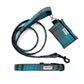 Handmade turquoise and grey dog accessories including collar, lead and poo bag on a white background