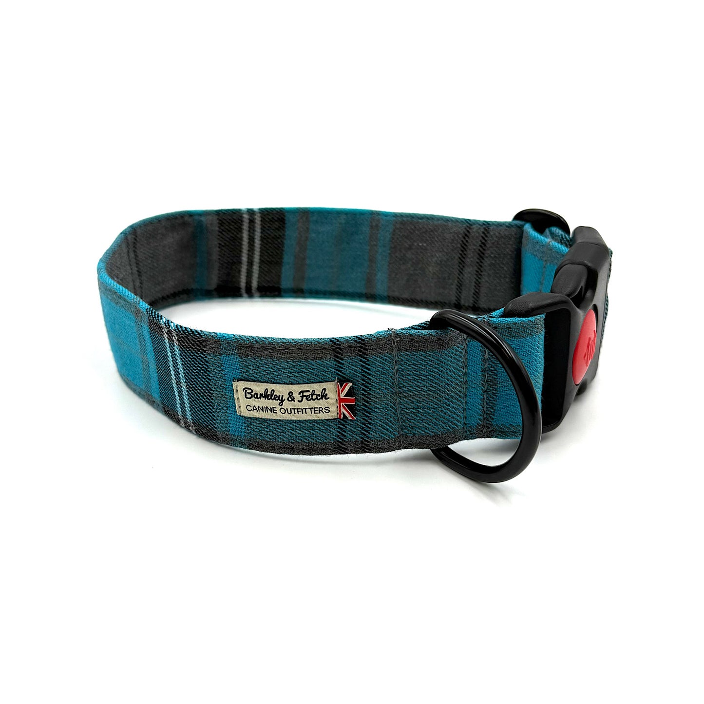 Blue and black plaid dog collar with a visible brand label on a white background
