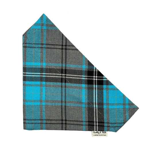 Plaid fabric with blue and gray pattern on a white background handmade by Barkley and Fetch uk