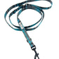 Blue and gray patterned dog leash with a black clip on a white background