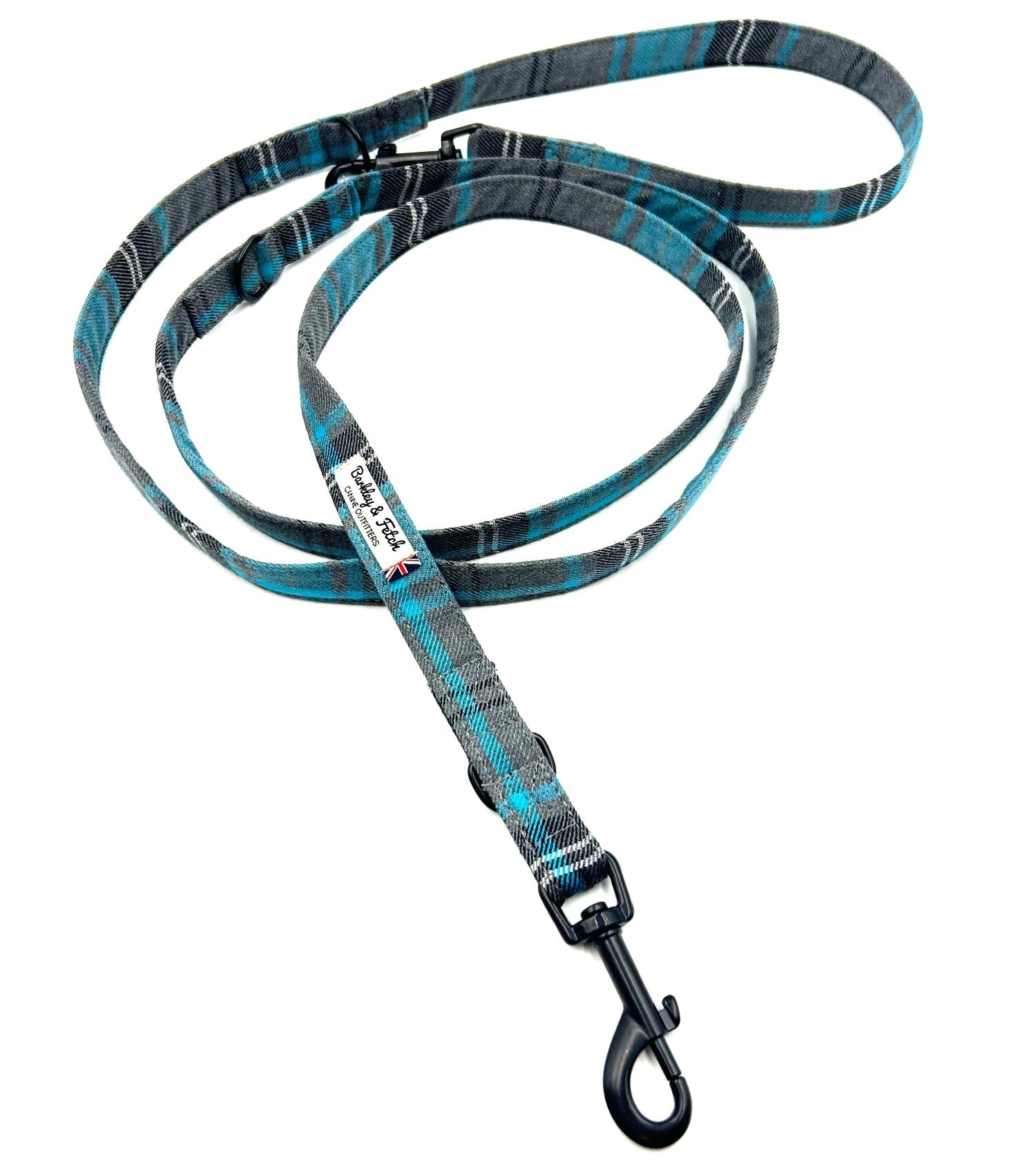 Blue and gray patterned dog leash with a black clip on a white background