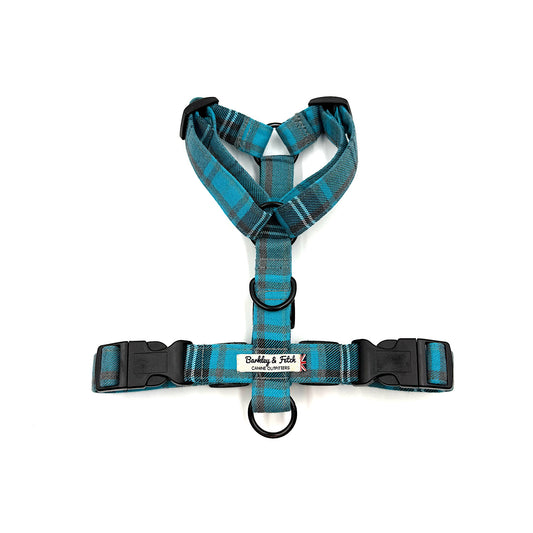 Blue plaid dog harness with black hardware on a white background handmade in uk by barkley and fetch