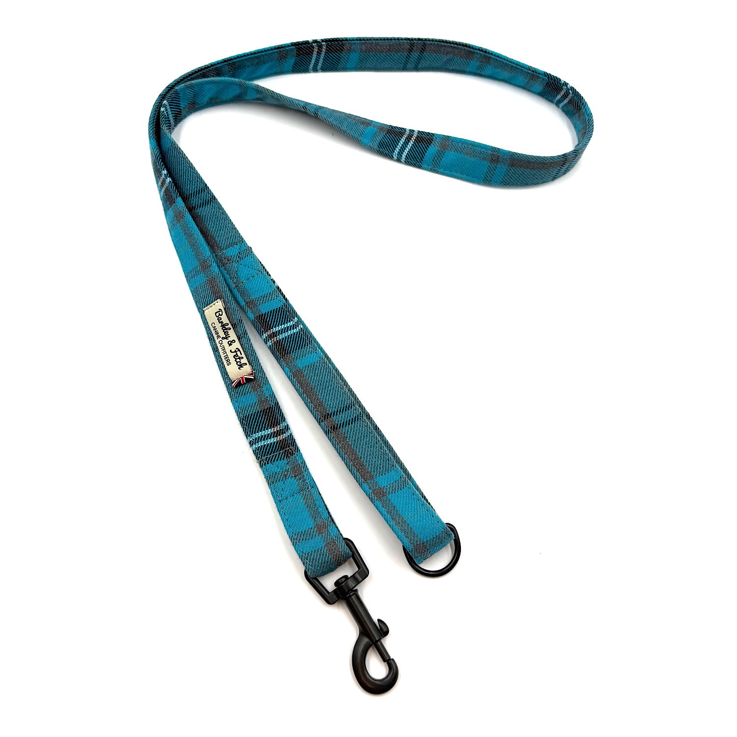 Blue plaid dog leash with a black clip on a white background