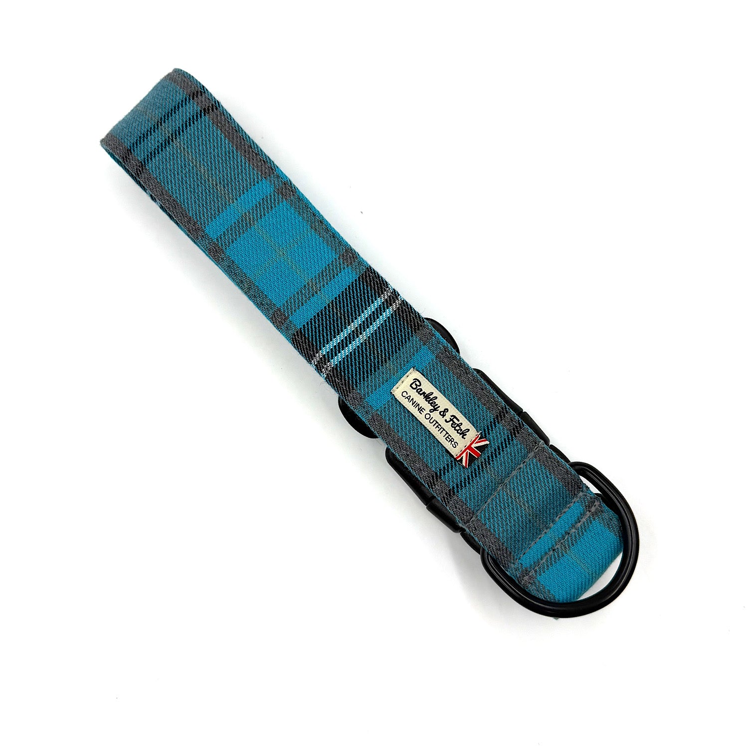 Blue plaid dog collar with a brand label on a white background