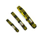 Three yellow and black checkered dog collars with visible branding on a white background