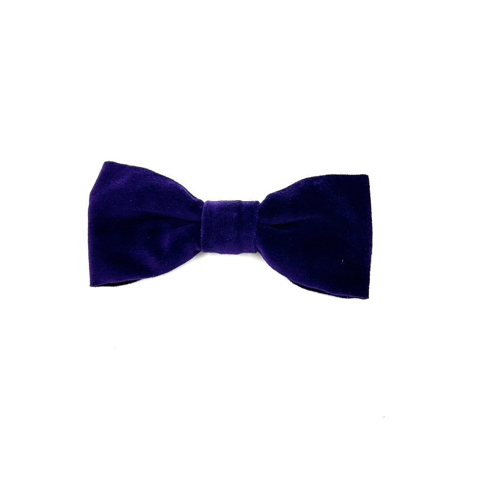 Purple luxury handmade velvet bow tie on a white background by Barkley and fetch Great Britain