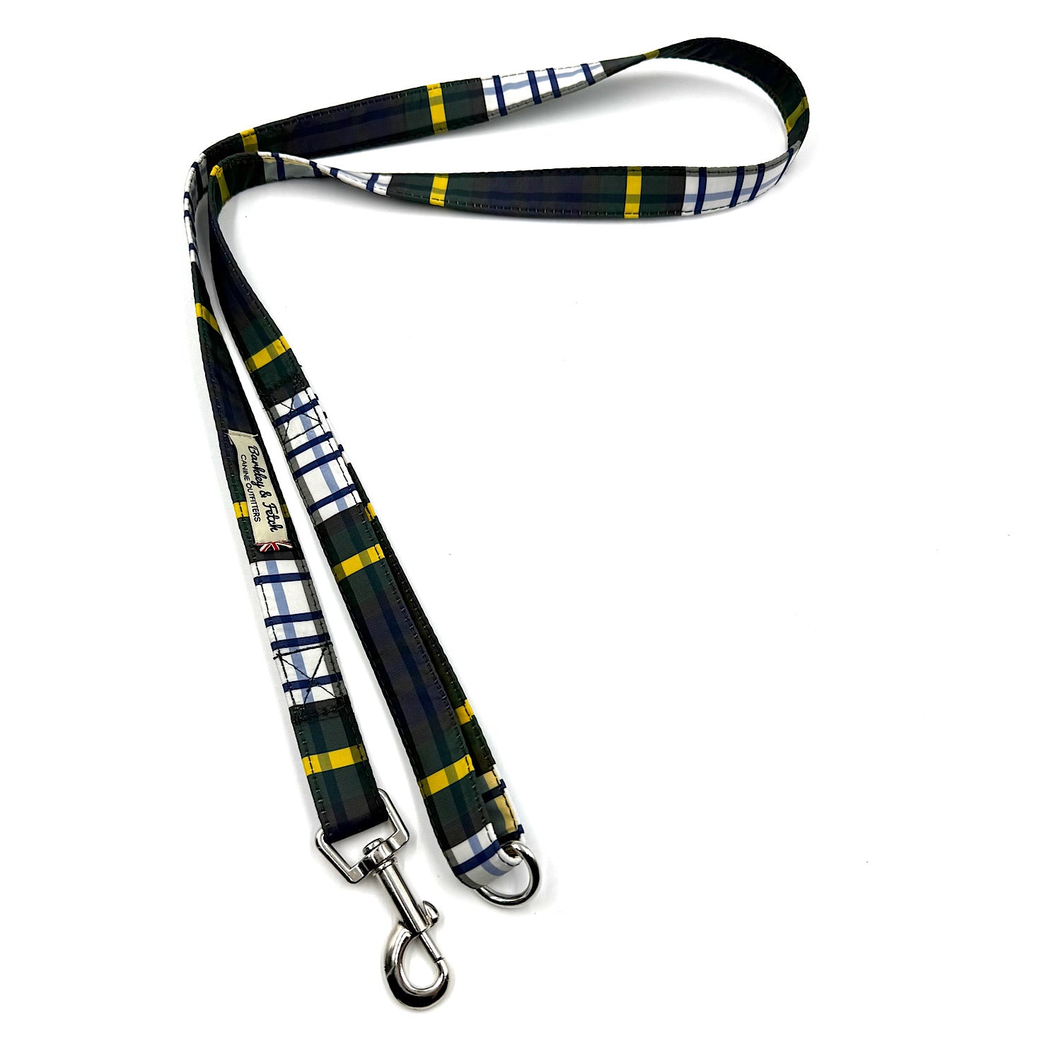 Plaid patterned dog leash with metal clip on a white background