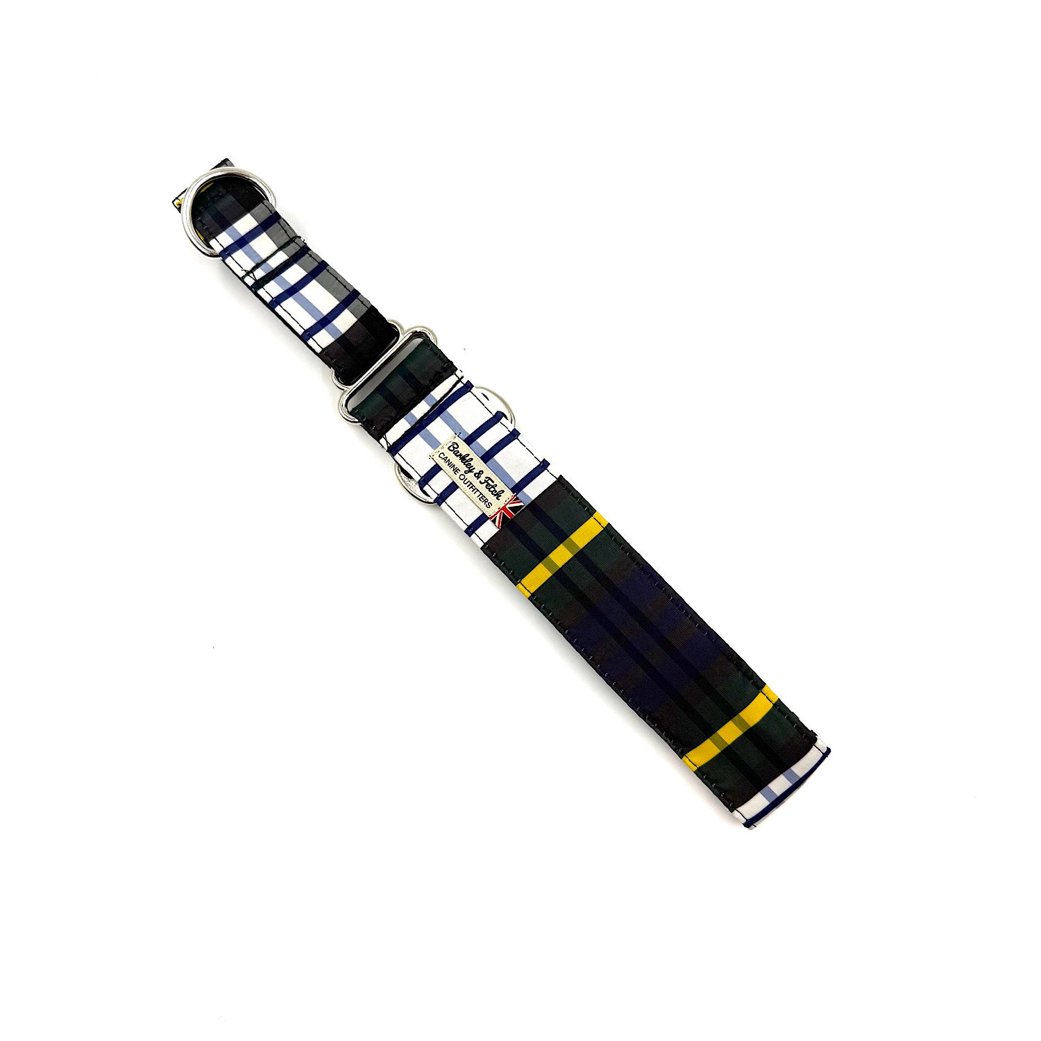 Black and yellow striped watch strap on a white background