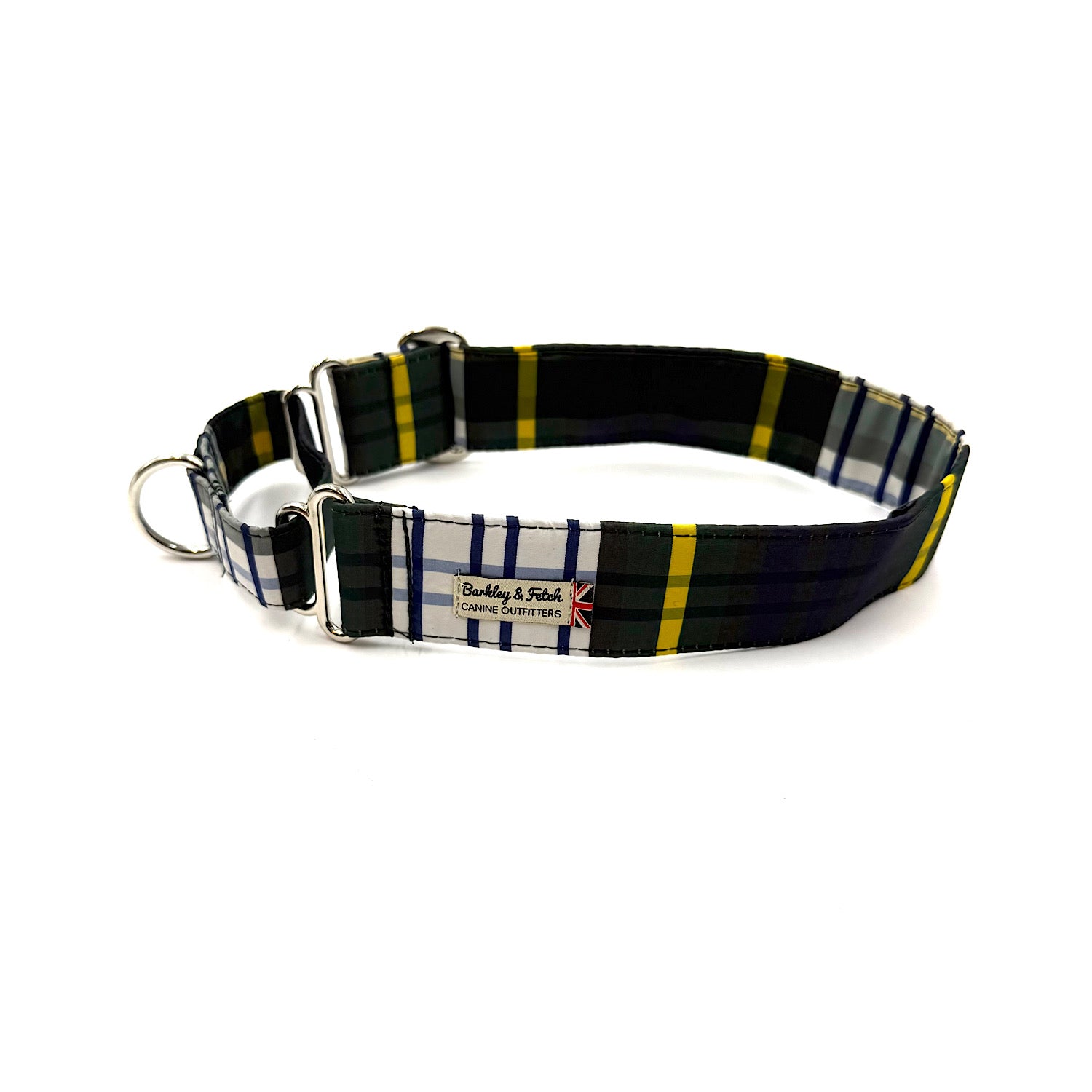 Plaid dog collar with metal buckle on a white background