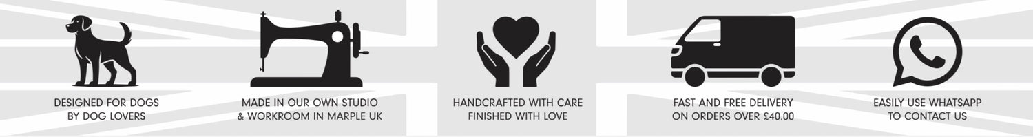 A horizontal banner with six black icon illustrations and short text on a light gray background, including a dog silhouette, a sewing machine, a heart, a package, and a WhatsApp-style contact icon.