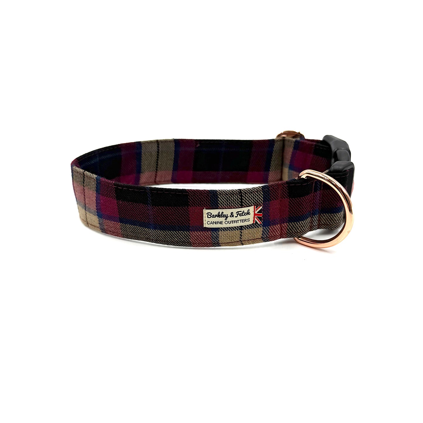 Plaid dog collar with a gold ring on a white background handmade by Barkley and Fetch UK