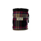 Plaid patterned pouch with a black carabiner on a white background