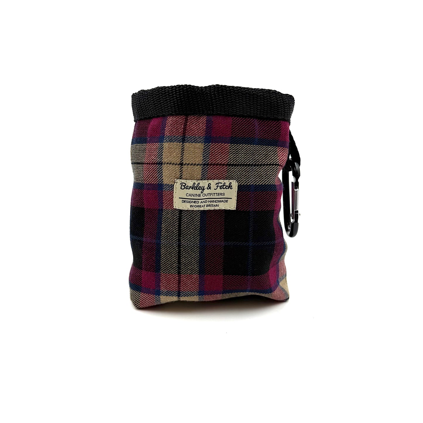 Plaid patterned pouch with a black carabiner on a white background