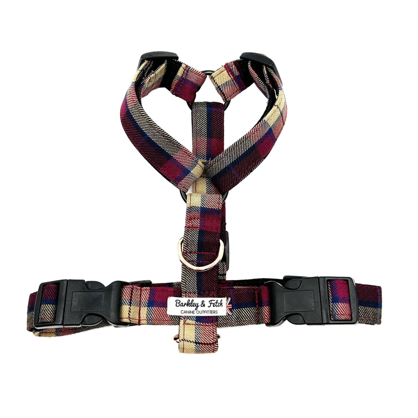 Plaid dog harness and collar set with visible brand label on a white background handmade in the UK by Barkley And Fetch