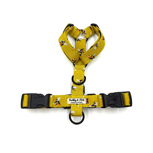 Yellow dog harness with bee pattern on a white background handmade in UK by Barkley And Fetch