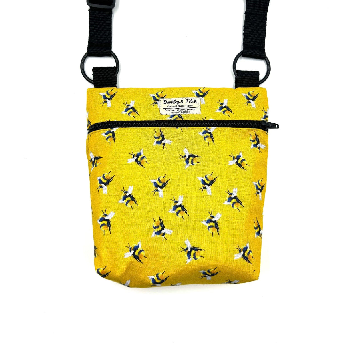 Yellow bag with bee pattern and black straps on a white background handmade by barkley and fetch uk