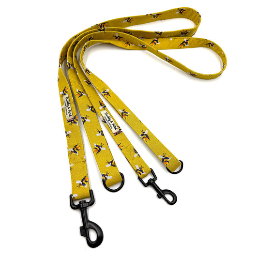 Yellow dog leash with black clip and pattern on a white background