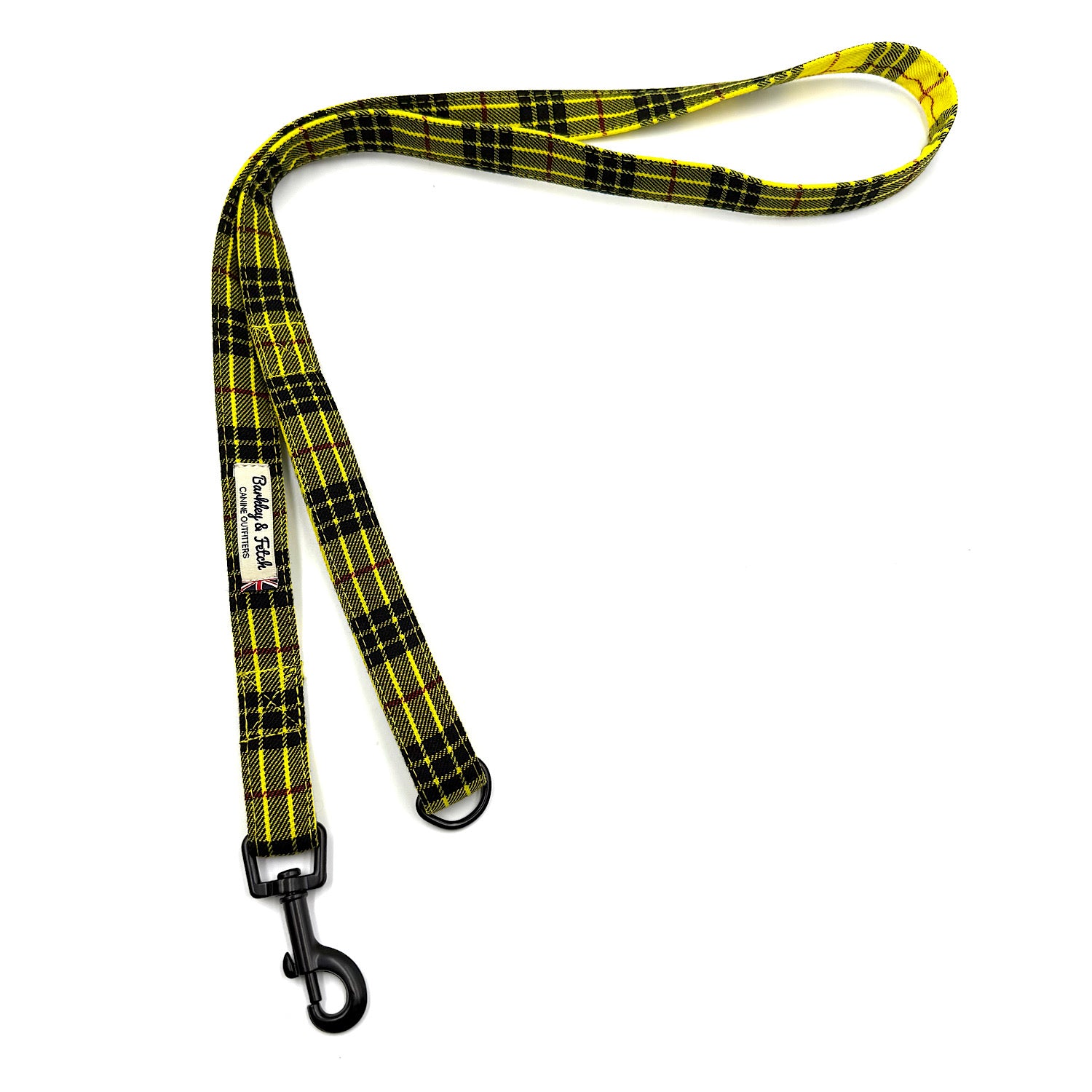 Yellow and black plaid dog leash with a clip on a white background