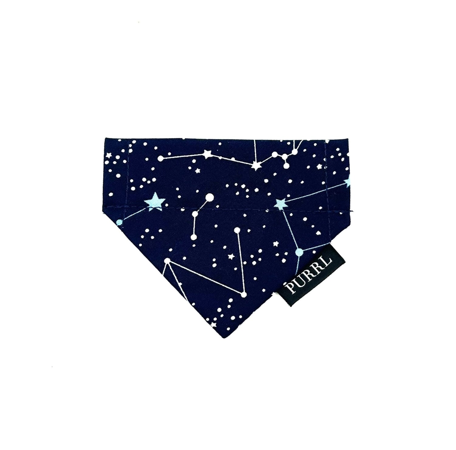 Navy blue dog bandana with white constellations and 'PURRL' text on a white background