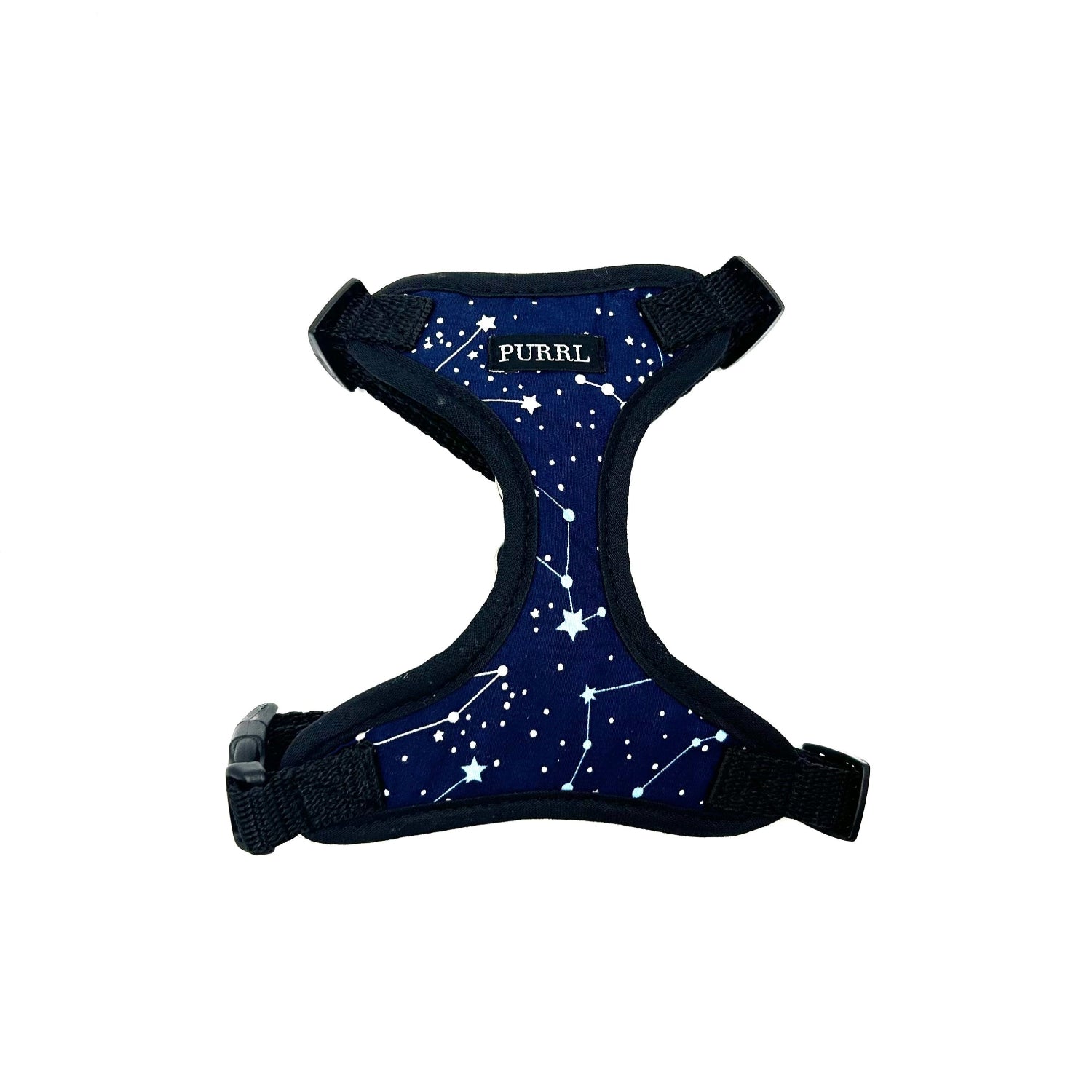 Navy blue cat harness with star pattern and 'PURRL' branding on a white background
