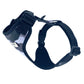 Black dog harness with camouflage padding on a white background