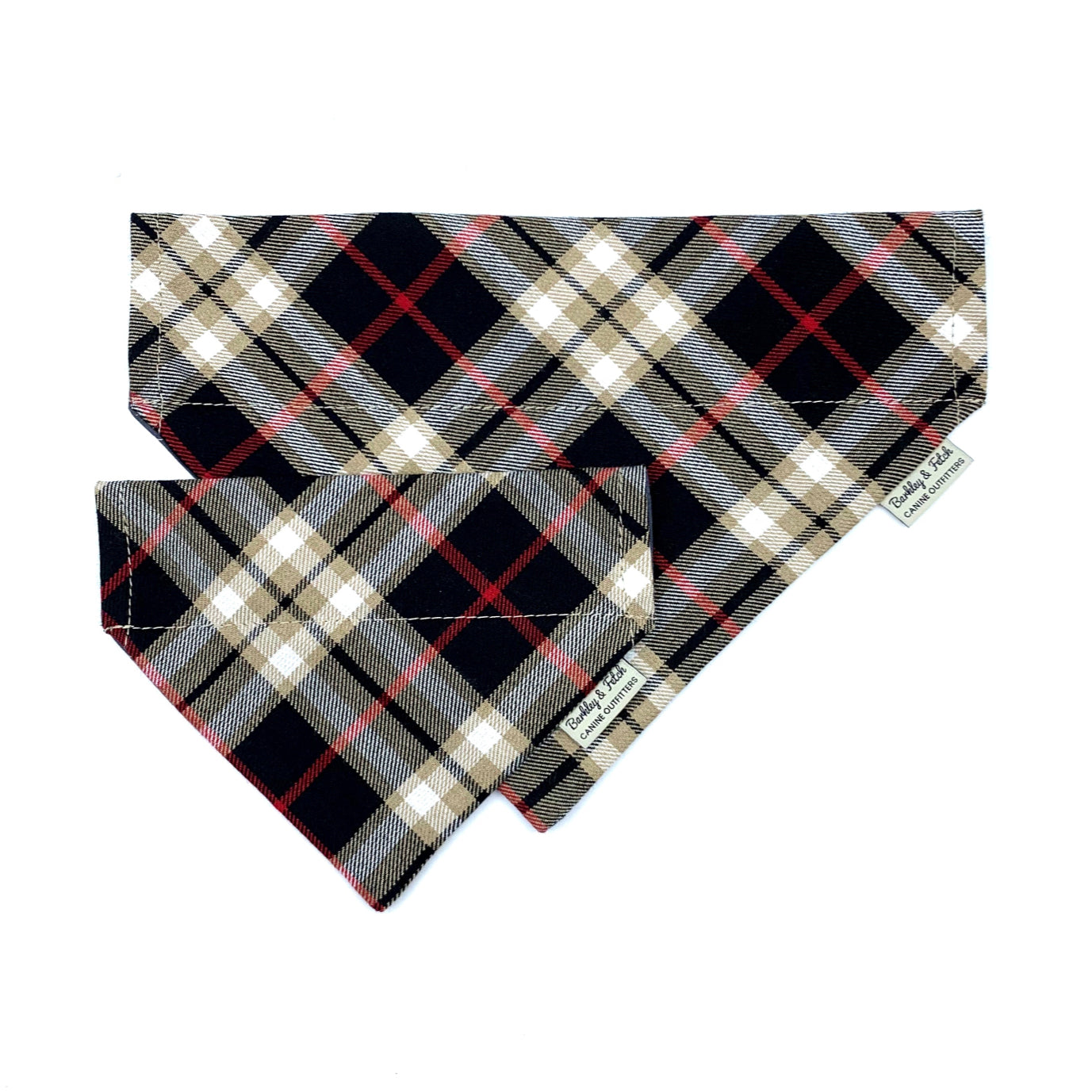 Plaid patterned bandana with visible brand label on a white background