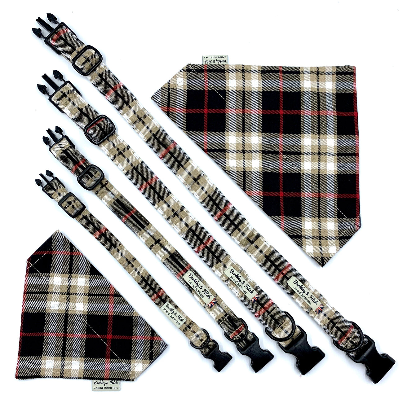 Plaid dog collars and bandanas on a white background