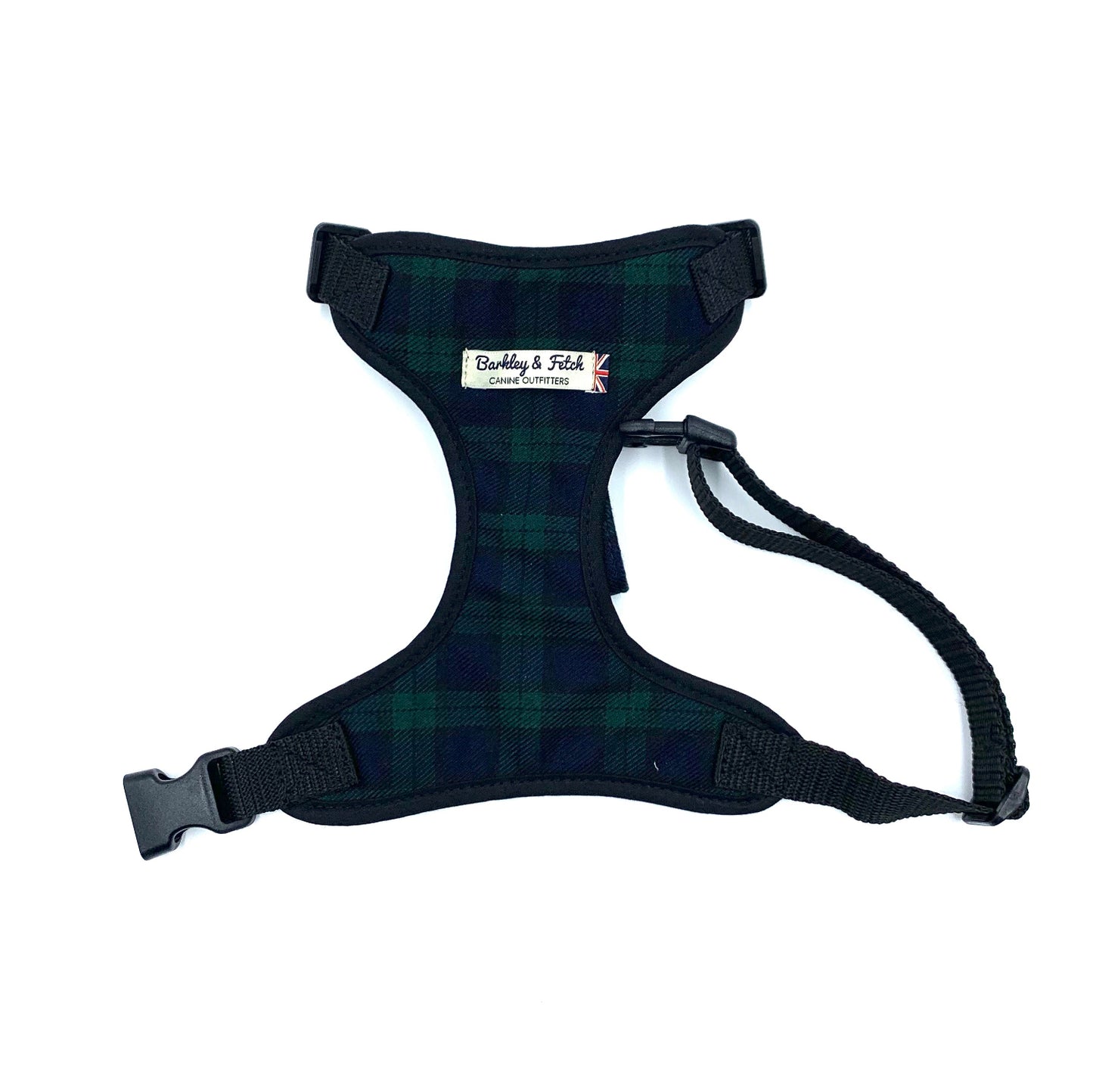 A black watch tartan fabric dog harness with adjustable straps and a side release buckle.