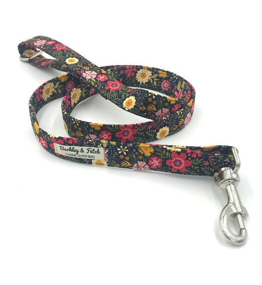 handmade Black ditsy floral dog lead with silver metal hardware