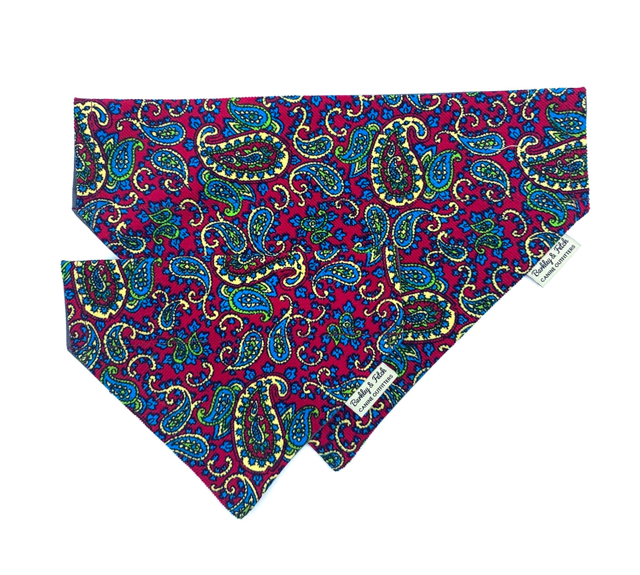 Paisley patterned bandana with a visible brand label on a white background