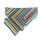 Multicolored striped fabric with a brand label on a white background