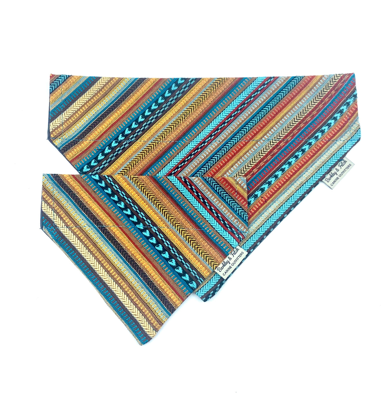 Multicolored striped fabric with a brand label on a white background