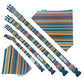 Colorful striped dog collar, leash, and bandana set on a white background